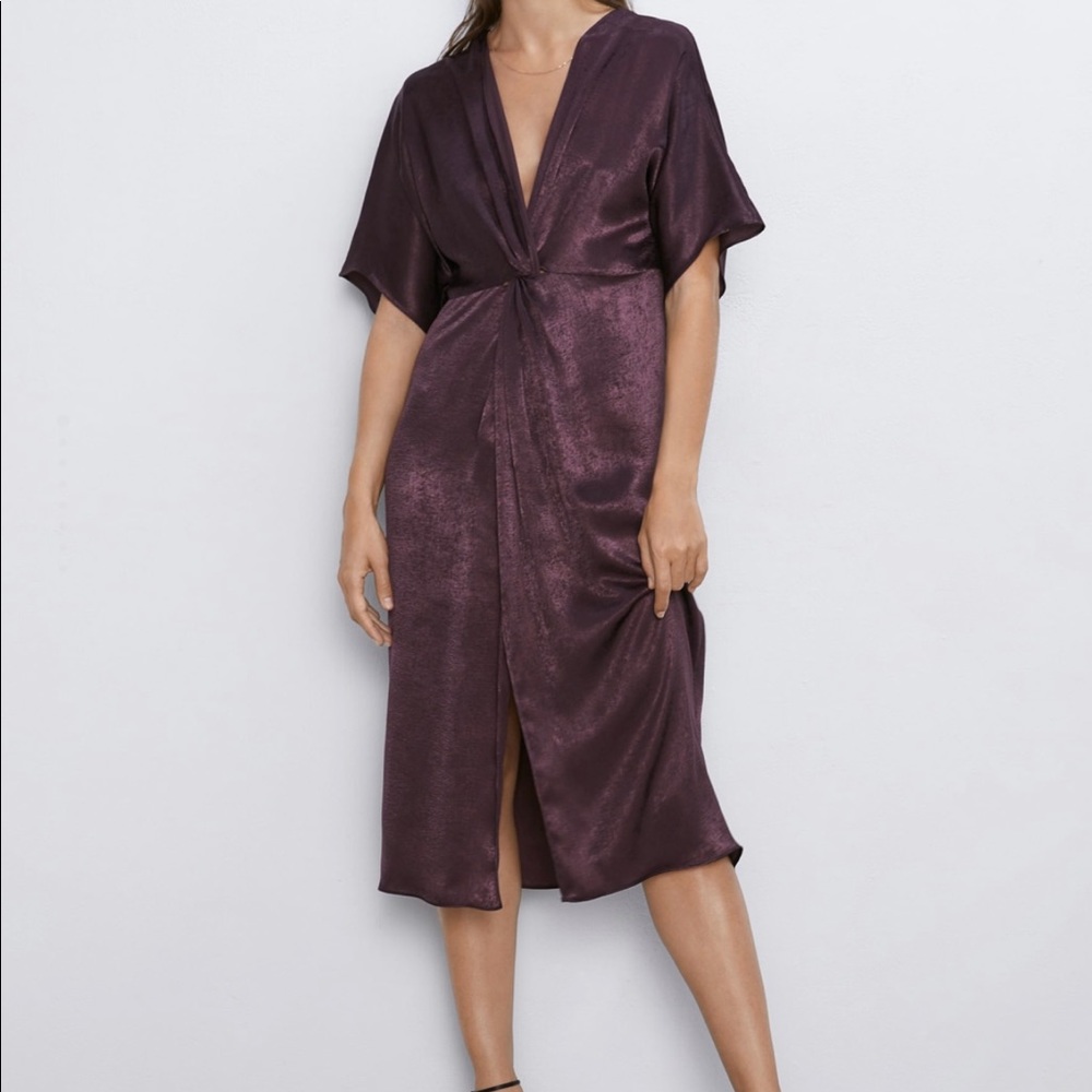 NWT Zara brown knotted satin effect dress size medium M